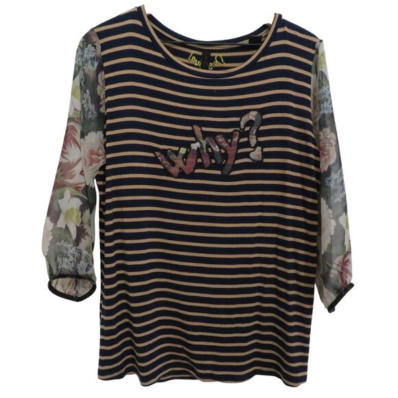 Desigual Womens Sz XXL Navy Tan Striped Floral Mesh Sleeve Top Mixed Fabrics - Picture 1 of 8